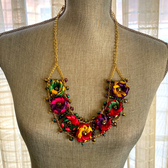 MEXICAN HANDCRAFTED JEWELRY SET FLORAL PALM LEAF MULTICOLOR NECKLACE & EARRINGS - Picture 12 of 17